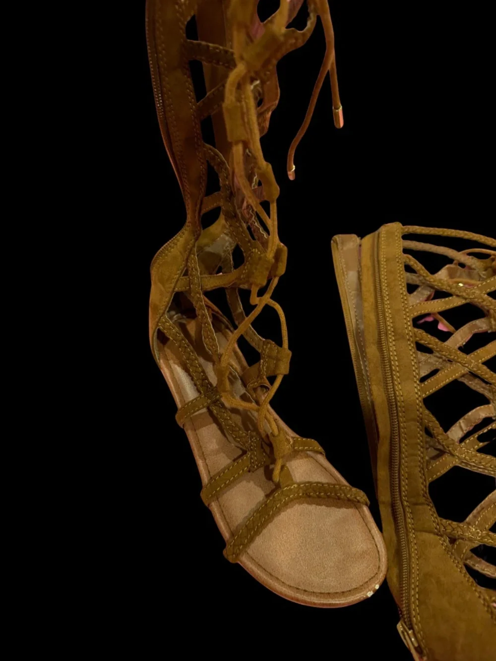 Olive/Tan Suede Caged Gladiator Sandals – Tall Lace-Up Style